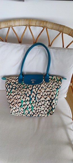 Longchamp Le Pliage laukku turkoosilla pantterikuviolla