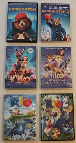Lasten DVD-paketti: Paddington 1-2, Niko 1–2, Rio 1–2