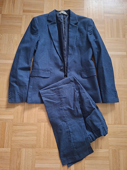 H&M poikien puuvilla/pellava puku koko 170 sininen