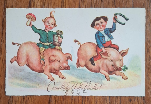 Kulkenut vanha uuden vuoden -kortti (1930-luku)
