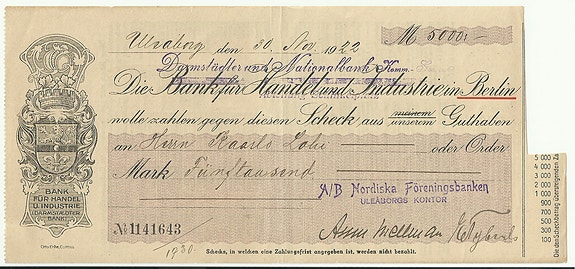 Vanha Saksalainen 5000 mark shekki / asiakirja 1922-luvulta