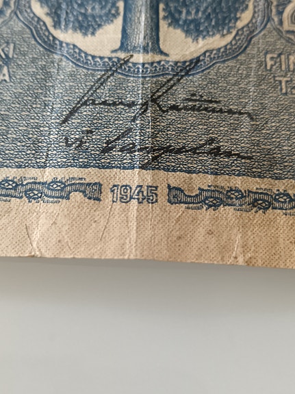 Suomen Pankki 20 markkaa seteli 1945
