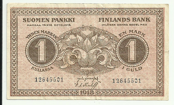Suomen Pankki 1 markka seteli 1918 No 12645501