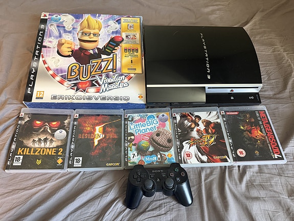 Sony Playstation 3 + ohjain + kaukosäädin + 6 peliä