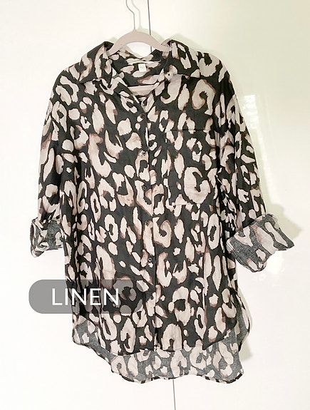 H&M leopardi pellavapusero XS 34 oversize beige ruskea musta pellava