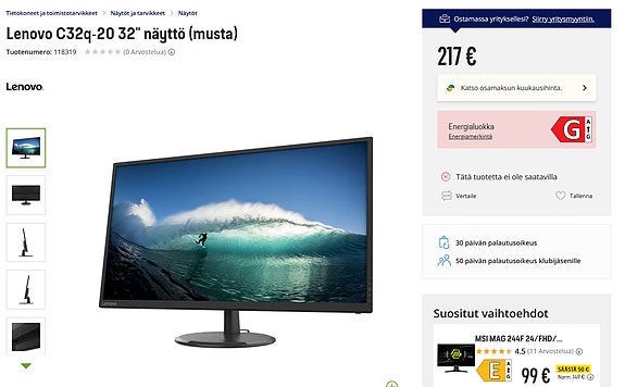 32" Toimistonäyttö - Lenovo C32q-20 (60Hz, 2560 x 1440, IPS)
