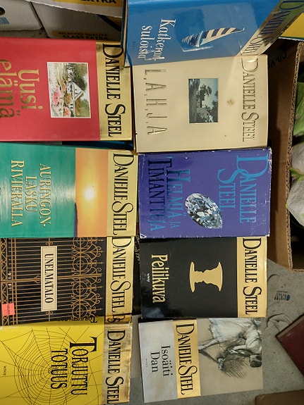Danielle Steel -kirjoja pino vitosella