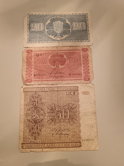 Suomen markka setelit 10, 20 ja 50 mk