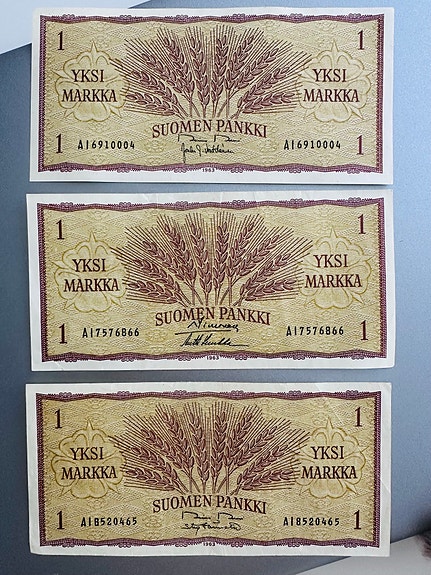 Suomen Pankki 1 markka -seteli, 3 kpl