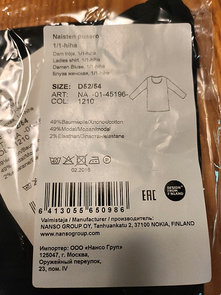 Nanso paita koko D52-54  musta pitkät hihat