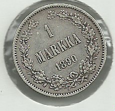 Suomen 1 markka hopearaha 1890