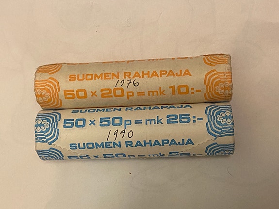 Suomen Rahapaja rullat 20 pennin ja 50 pennin kolikot 1976 ja 1990