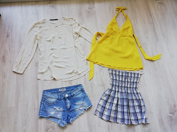 Naisten topit, ohut pusero ja farkkushortsit XS (Benetton, Zara)