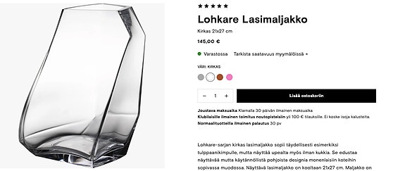 Pentik Lohkare korkea lasinen kukkamaljakko