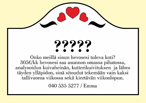 Talli/pihattopaikka ruunalle tai tammalle