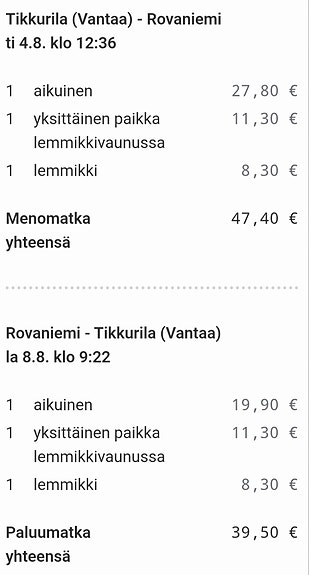 Tikkurila-Rovaniemi-Tikkurila