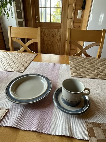 Arabia Uhtua kahvikuppi ja lautaset, siniharmaa