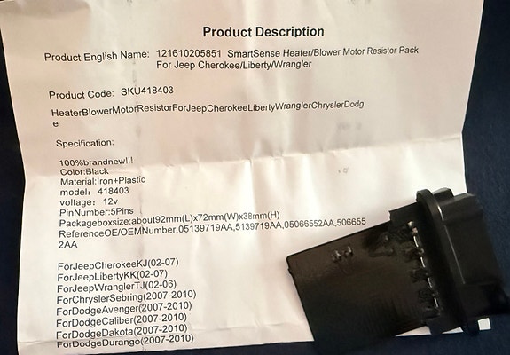 Jeep Cherokee/Liberty/Wrangler lämmityslaitteen puhaltimen vastus
