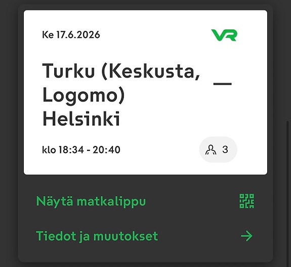 VR junaliput Turku–Helsinki ke 17.6. klo 18:34