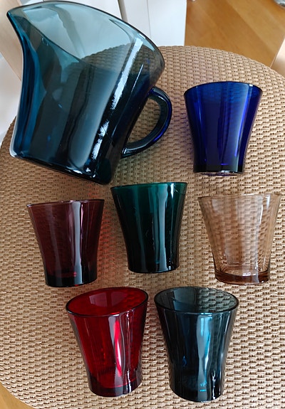 Riihimäen lasi mehusetti juomalasit 6 kpl kannu vintage värillinen lasi