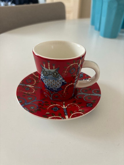 Iittala espresso-kuppi ja aluslautanen punainen pöllökuvio