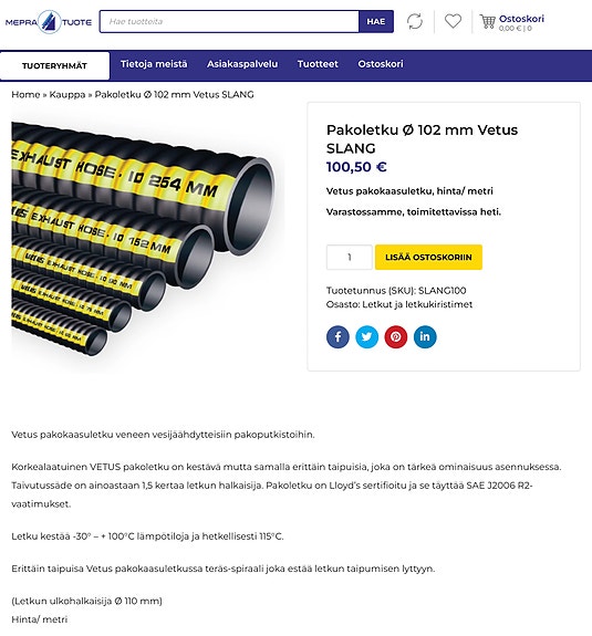 Veneen uusi pakoputkiletku Vetus 102mm