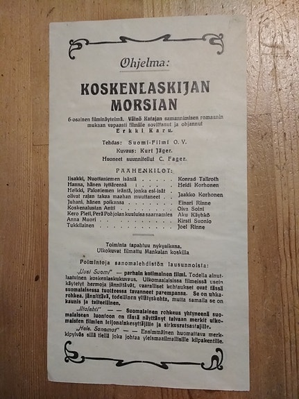 Käsiohjelma Koskenlaskijan morsian 1923