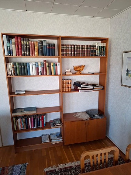 Puinen kirjahylly kaapeilla