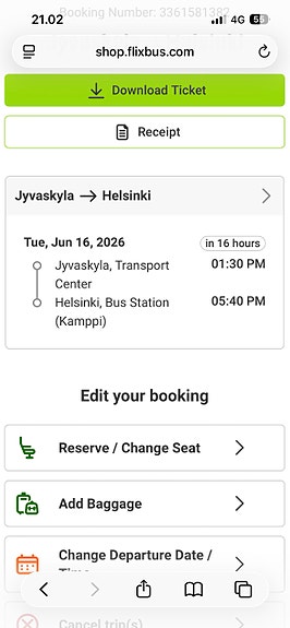 2kpl Flixbus-lippu Jyväskylä–Helsinki 16.6.2026