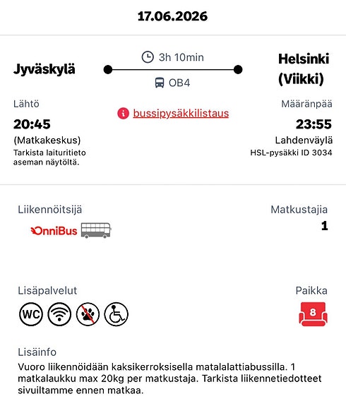 OnniBus-lippu Jyväskylä–Helsinki 17.6.