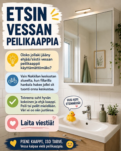 Etsitään ehjää vessan peilikaappia Nakkilan keskustasta