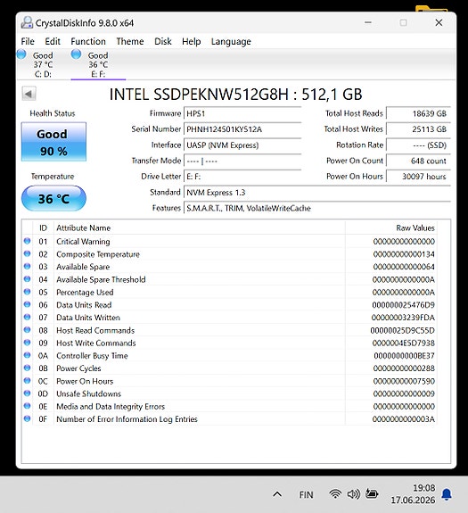 512Gb intel PCIe 3.0 x4 M.2 NVMe sisäinen SSD-kiintolevy