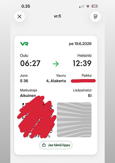 Aikuisten junalippu Oulu-Helsinki Pe 19.6