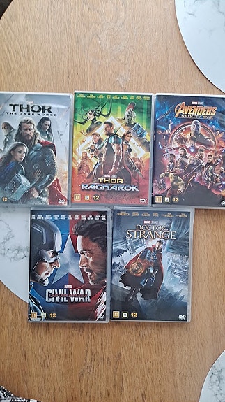 DVD:t  Thor, Thor Ragnarok, Avengers Infinity War, Civil War, Doctor Strange