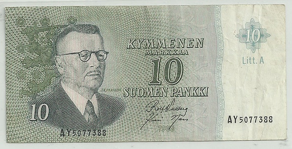 Suomen Pankki 10 markkaa seteli 1963 Liit.A No AY-5077388