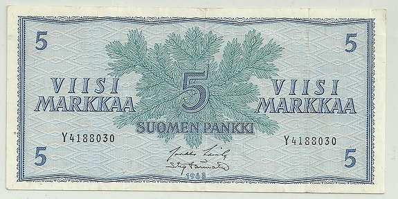 Suomen Pankki 5 markkaa seteli 1963 No Y-4188030