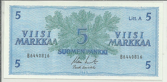 Suomen Pankki 5 markkaa seteli 1963 Liit.A No B-6440816