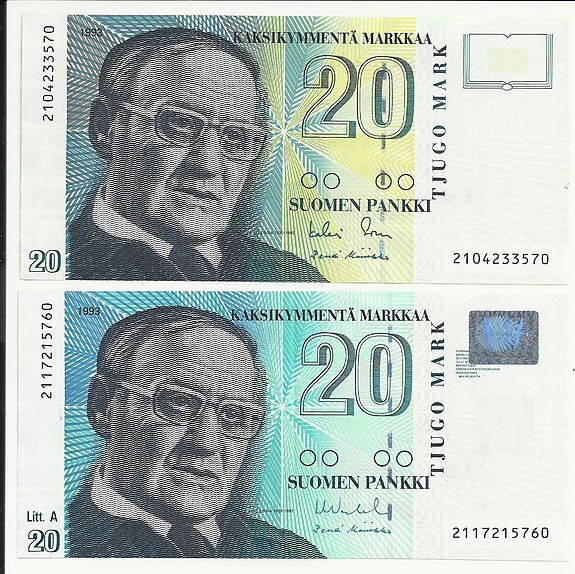 Suomen Pankki 20 markan setelit 1993 ja 1993 Liit.A