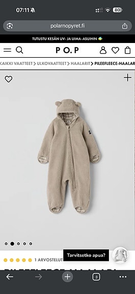 Polarn O. Pyret pileefleece-haalari koko 80 beige unisex