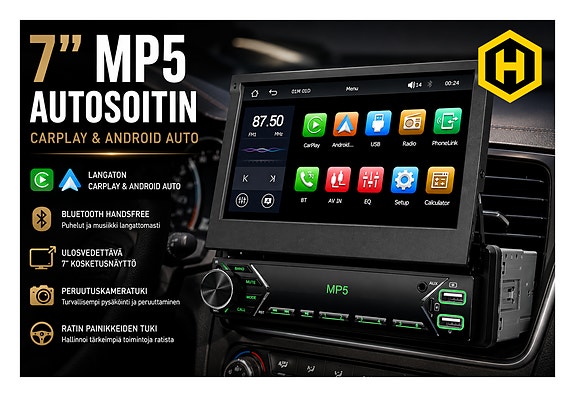🚗 7" MP5 Autosoitin – CarPlay, Android Auto, Bluetooth, FM & Kosketusnäyttö
