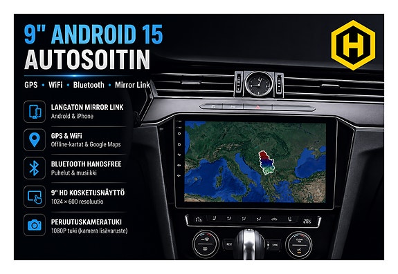 🚗 9" Android 15 Autosoitin 1+16GB GPS, WiFi, Bluetooth & Mirror Link