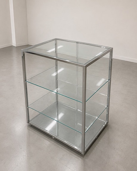 Lasinen vitriini / hylly metallirungolla