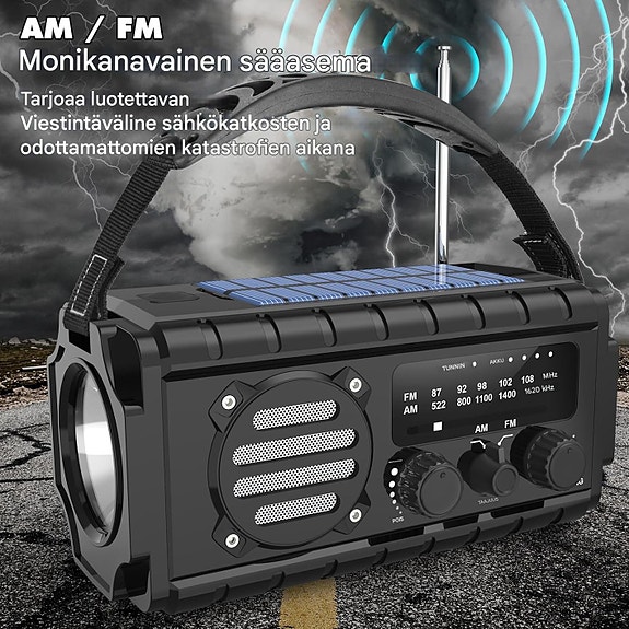 Hätäradio AM/FM 20000mAh akulla, aurinko- ja kampilataus, LED-valaistus, sos