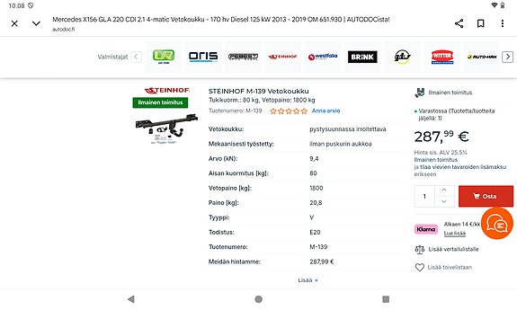 Steinhof M-129 vetokoukku Mercedes A 220 CDI 4Matic 2013–2018