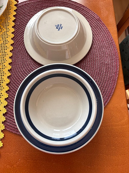 Arabia kulhot sininen raita n. 17 cm + iso lautanen