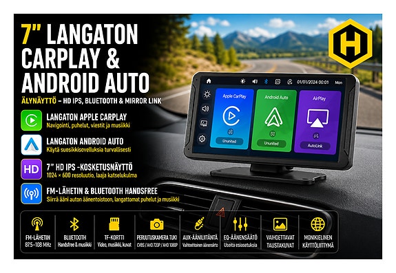 🚗 7" Langaton CarPlay & Android Auto -Älynäyttö HD IPS, Bluetooth & Mirror Link