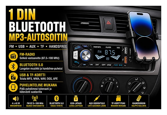 🚗 1 DIN Bluetooth MP3 -Autosoitin FM USB AUX TF & Handsfree + 32GB TFT-kortti