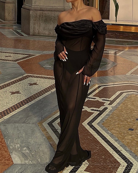 Meshki Off-Shoulder Sheer Maxi Dress