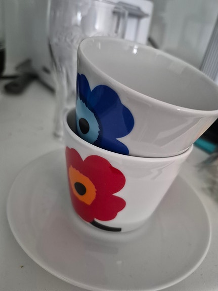Marimekko Unikko kahvikupit + lautaset (7 kpl setti, 2001 Suomi)