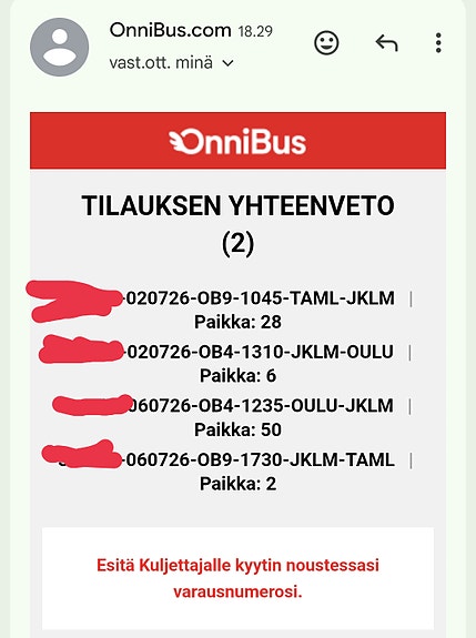 Onnibusliput TAMPERE-OULU-TAMPERE